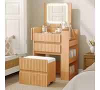NNJN Pequeño tocador con espejo plegable LED, 2 enchufes, USB y tipo C, taburete con ruedas, 3 cajones y mesa lateral plegable, 79 x 120 x 40 cm