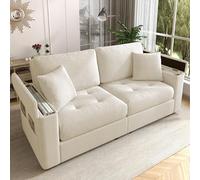 NNJN Sofá moderno de 2 plazas de 180 cm, color beige con espacio de almacenamiento en el reposabrazos, tela de chenilla suave, incluye 2 cómodos cojines y acolchado de espuma de alta densidad para una
