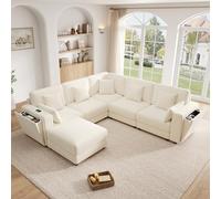 NNJN Sofá modular de 6 plazas con diseño de esquina, L/U, puertos USB y tipo C, soporte integrado para tazas y espacio de almacenamiento, tela de chenilla, con 7 cojines para salón, dormitorio y
