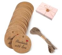 Nogeqi 100 etiquetas de regalo de papel de estraza redondas, hechas a mano con amor, hechas a mano con amor, mini etiquetas de papel de regalo, etiquetas marrones con cordón de yute, 20 metros para