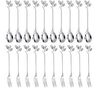 NONDK Juego de Tenedor de Cuchara Postre, 20 Piezas de Tenedor para Pastel de 4.7 Pulgadas, Cuchara de Café, Tenedor de Hoja de Plata para Frutas, (10 Cucharas + 10 Tenedores)