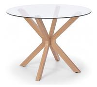 Noorsk Design Mesa Redonda Comedor - Patas Metálicas Acabado Efecto Madera - Mesa Comedor Redonda de 100 cm. Diámetro - Mesa Comedor Cristal Templado 8 mm. de Grosor
