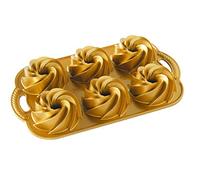 Nordic Ware 88077 Heritage Bundtlette - Molde de aluminio fundido, para hacer 6 mini pasteles con patrón de remolino, fabricado en Estados Unidos, color: dorado