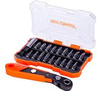 NordWolf Juego de 20 puntas de destornillador de perfil bajo de 19 mm con mini llave de trinquete reversible, ángulo de desplazamiento a 15 grados para trabajar en espacios reducidos y superficies