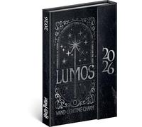 NOTIQUE Agenda 2026 - Mini planificador de bolsillo aprox. A6 con cierre magnético, calendario semanal compacto, 11 x 16 cm, tapa dura con vista mensual (Harry Potter - Lumos)