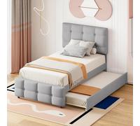 NovaFurnish Cama tapizada de 90 x 200 cm, cama nido extraíble, cabecero ajustable, acolchado de lino agradable al tacto, cama individual plana, cama para niños, cama juvenil, cama de invitados (gris)