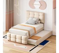 NovaFurnish Cama tapizada de 90 x 200 cm, cama nido extraíble, cabecero ajustable, tapizado de lino agradable al tacto, cama individual plana, cama para niños, cama juvenil, cama de invitados (beige