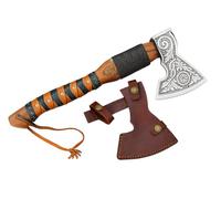 Novahaven Falkir - Hacha de lujo forjada a mano al aire libre de acero inoxidable con grabado, mango de palo de rosa y funda de cuero - Hacha de camping estilo vikingo, hacha de bushcraft, idea de