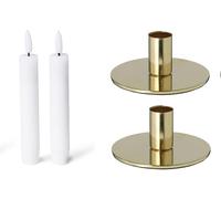 Novaliv, juego de 2 portavelas metálicos redondos, color dorado, 10x5 cm, con vela LED de varilla, de alta calidad, con batería, para decoración navideña, soporte para velas de estilo vintage, plato p