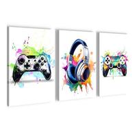 Novart Cuadros Consola de juegos Gamer - COMPLETAMENTE LISTO PARA COLGAR - Habitación infantil Chicos Adolescente Decoración con estilo - 3 Partes Set Blanco - N038730a