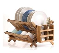 NOVAYEAH Escurridor de platos de acacia para encimera de cocina, estante plegable de 2 niveles con soporte para utensilios, escurridor de platos, escurridor de platos grande plegable de madera con