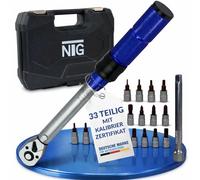NTG Llave dinamométrica de 1/4 pulgadas, 5-25 Nm, perfecta para bicicleta y motocicleta, juego surtido con barra de extensión, 23 bits, 6 tuercas y maletín, con certificado de calibración con número