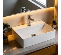 NUESTRA VIDA Lavabo de Cerámica Rectangular con Orificio para Grifo, 51 × 36 × 12 cm, Lavabo sobre Encimera para Baño, Blanco Brillo Fácil de Limpiar