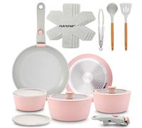 NutriChef bateria cocina mango extraible, Ceramica, 18 piezas, Juego de ollas y sartenes, Antiadherentes, Sin PTFE, Ahorra espacio, Apto para horno y estufa, Incluye utensilios