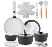 NutriChef bateria cocina mango extraible, Ceramica, 18 piezas, Juego de ollas y sartenes, Antiadherentes, Sin PTFE, Ahorra espacio, Apto para horno y estufa, Incluye utensilios