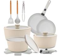 NutriChef bateria cocina mango extraible, Ceramica, 18 piezas, Juego de ollas y sartenes, Antiadherentes, Sin PTFE, Ahorra espacio, Apto para horno y estufa, Incluye utensilios