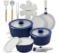 NutriChef bateria cocina mango extraible, Ceramica, 18 piezas, Juego de ollas y sartenes, Antiadherentes, Sin PTFE, Ahorra espacio, Apto para horno y estufa, Incluye utensilios