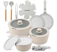 NutriChef bateria cocina mango extraible, Ceramica, 18 piezas, Juego de ollas y sartenes, Antiadherentes, Sin PTFE, Ahorra espacio, Apto para horno y estufa, Incluye utensilios