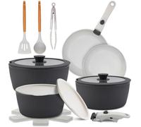 NutriChef bateria cocina mango extraible, Ceramica, 18 piezas, Juego de ollas y sartenes, Antiadherentes, Sin PTFE, Ahorra espacio, Apto para horno y estufa, Incluye utensilios