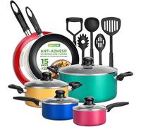 NutriChef - Batería de cocina antiadherente (15 unidades, libre de PFOA/PFOS, revestimiento resistente al calor y colorido con cacerola, estufas, sartenes, sartenes, tapas, 5 utensilios