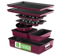 Nutrichef juego 8 moldes apilables, Bandejas, Libres de PFOA, PFOS, PTFEE, Utensilios horno hasta 232°C, Baking set, Antiadherentes, Color burdeos