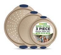 NutriChef Juego de 3 bandejas de pizza doradas de 24 cm, 28 cm y 33 cm de diámetro, antiadherentes de acero al carbono con asas de silicona, apilables y aptas para lavavajillas, para pizza, flameado y