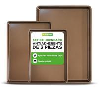 NutriChef juego de 3 bandejas horno, Para hornear, Servir, Apilables, Rectangulares, Antiadherentes, Sin PFOA, PFOS, PTFE. Dorado