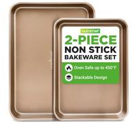 NutriChef juego de 3 bandejas horno, Para hornear, Servir, Apilables, Rectangulares, Antiadherentes, Sin PFOA, PFOS, PTFE. Dorado