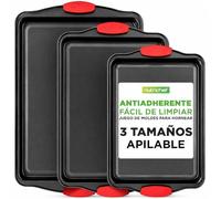 Nutrichef juego de 3 bandejas horno, Pequeña, Mediana, Grande, Baking set, Antiadherentes, Mangos de silicona rojos