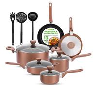 NutriChef Juego de ollas, juego de cocina de inducción Antifregadero, 13 piezas, juego de cocina resistente al calor con cacerola, ollas, cazuela, tapas y utensilios de cocina, marrón