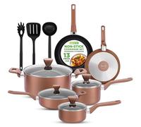 NutriChef Juego de ollas y sartenes, 13 piezas, antiadherente, juego de ollas con tapas de cristal, juego de sartenes y accesorios de cocina, para gas, eléctricas y cerámica, apto para horno, libre de
