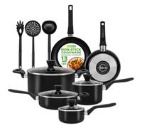 NutriChef Juego de ollas y sartenes antiadherentes de 13 piezas, con cacerola, sartenes, ollas, cacerola, tapas, cucharón, tenedor, colador, resistente al calor, sin PFOA, color negro