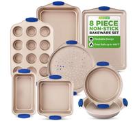 NutriChef Juego de sartenes para horno de cocina con revestimiento dorado antiadherente de lujo en el interior y el exterior de acero al carbono con asas de silicona azul, duradera y fiable, estilo