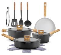 NutriChef Juego de Utensilios de Cocina de Cerámica Antiadherente 14 piezas, Ollas y Sartenes, para Inducción, Tapas de Vidrio, Asas de Toque Frío, Apto para Lavavajillas