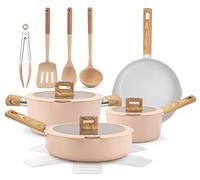 NutriChef Juego de Utensilios de Cocina de Cerámica Antiadherente 14 piezas, Ollas y Sartenes, para Inducción, Tapas de Vidrio, Asas de Toque Frío, Apto para Lavavajillas