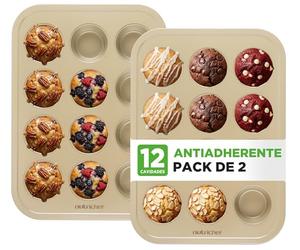 NutriChef moldes para muffins, Hornear, Cupcakes, Antiadherente, 2 piezas con 12 cavidades, Apilable, Apto para lavavjillas