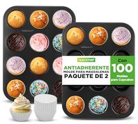 NutriChef moldes para muffins y cupcakes, Pack de 2, Bandejas antiadherentes de 12 cavidades, Acero al carbono, Aptas para horno y lavavajillas, Incluye 100 fundas de papel