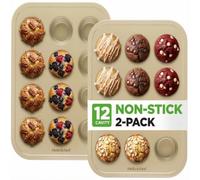 NutriChef - Moldes para muffins y pastelería para hornear, placa de magdalenas antiadherente, molde muffin, 2 piezas con 12 cavidades, bandeja apilable de acero al carbono, compatible con lavamuñecas