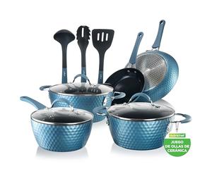 Nutrichef panela ceramica, 11 piezas, Juego de ollas y sartenes antiadherentes, Set, Ergonomico, Induccion, Bateria de cocina, Color azul real