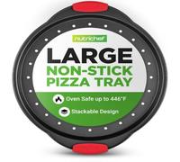 NutriChef - Placa de pizza, molde de pizza antiadherente, plano redondo de acero perforado, mango de silicona y mango de gran tamaño, plano para horno, apto para lavavajillas, negro