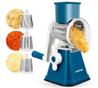 NutriChef Rallador de Queso 3 en 1 Modelo Color Azul de Acero Inoxidable con Base de Succión Fuerte, Mango Giratorio con Bloqueo de Seguridad y Tres Cilindros Intercambiables: Fino, Medio y Tiras