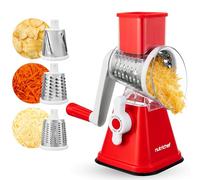 NutriChef Rallador de Queso 3 en 1 Modelo Color Rojo de Acero Inoxidable con Base de Succión Fuerte, Mango Giratorio con Bloqueo de Seguridad y Tres Cilindros Intercambiables: Fino, Medio y Tiras