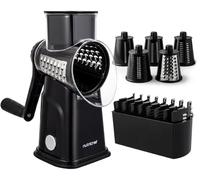 NutriChef Rallador de Queso Giratorio Color Negro de Acero Inoxidable con 5 Cuchillas Intercambiables, Mandolina para Verduras con Mango, Bloqueo de Seguridad y Cortes Finos