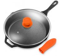 NutriChef Sartén de Hierro Fundido de 30,5 cm con Tapa, Apto para Horno, Antiadherente, Mango de Silicona, Para Todas las Cocinas