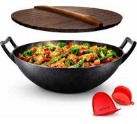 NutriChef Sartén de hierro fundido de 30 cm - Wok de inducción con tapa, sartén de hierro fundido para todo tipo de fuegos, sin recubrimiento, antiadherente, sartén profunda con asas