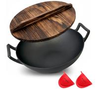 NutriChef Sartén de hierro fundido precurada de 5,5 litros - Wok antiadherente con tapa de madera, para placa de cocción eléctrica, color negro