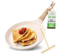 NutriChef sartén para crêpes 24 cm antiadherente - recubrimiento de mármol resistente, espátula de madera, mango de baquelita, base para inducción, crema, libre de PFOA, lavavajillas