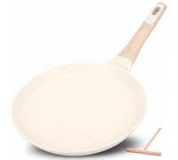 NutriChef sartén para crêpes 28 cm antiadherente - apta para inducción, recubrimiento de mármol crema, mango de baquelita y madera, incluye esparcidor de madera