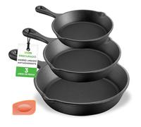 NutriChef sartenes de hierro fundido pre-sazonadas, set de 3 piezas, Boquilla antigoteo y raspador, Compatible con induccion, Estufa electrica, Gas y ceramica