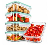 NutriChef tuppers de cristal herméticos con orificio de aire, 5 recipientes apilables y 5 tapas, Aptos para microondas, Horno y congelador, Sin BPA